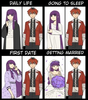 Rule 34 | 1boy, 1girl, black coat, black pants, black vest, bouquet, bracelet, bridal veil, closed eyes, closed mouth, coat, commentary, dress, earrings, english commentary, english text, falling petals, fern (sousou no frieren), flower, hetero, highres, holding, holding bouquet, husband and wife, jacket, jewelry, long hair, multicolored hair, pants, petals, purple dress, purple eyes, purple flower, purple hair, red eyes, red hair, red jacket, roots (hair), smile, sousou no frieren, stark (sousou no frieren), veil, vest, wanderjegson, wedding dress, white dress