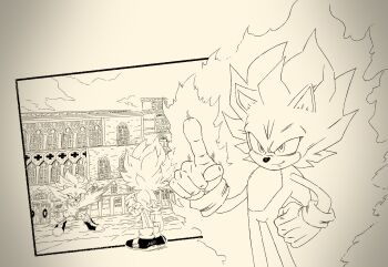 2boys animal_nose ashofourtime dragon_ball dragonball_z furry furry_male hand_on_own_hip highres holding holding_sword holding_weapon male_focus monochrome multiple_boys parody pointing pointing_up silver_the_hedgehog sonic_(series) sonic_the_hedgehog style_parody super_silver super_sonic sword toriyama_akira_(style) weapon