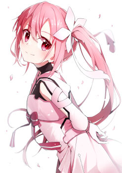 Rule 34 | 1girl, absurdres, armor, armored dress, arms behind back, blush, cherry blossoms, closed mouth, comadori09, commentary request, detached sleeves, dress, floating hair, from side, hair between eyes, hair ornament, highres, leaning forward, long hair, pink hair, red eyes, red ribbon, ribbon, side ponytail, smile, solo, striped ribbon, very long hair, white background, white dress, white sleeves, yuuki yuuna, yuuki yuuna wa yuusha de aru, yuusha de aru