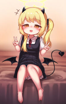 1girl absurdres barefoot black_dress black_tail blonde_hair bloomers blue_archive blush demon_horns demon_tail demon_wings double_v dress halo highres horns ibuki_(blue_archive) long_hair mochikushi open_mouth pinafore_dress pointy_ears shirt side_ponytail sleeveless sleeveless_dress solo tail underwear v white_shirt wings yellow_halo