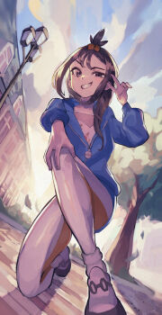 1girl absurdres black_hair blue_hoodie blush building cube_hair_ornament gen_1_pokemon grey_eyes grin hair_ornament hand_on_own_knee highres hood hood_down hoodie jacket lamppost leggings lida_(pokemon) long_hair long_sleeves looking_at_viewer nintendo open_mouth orange_leggings outdoors pokemon pokemon_legends:_z-a rasoso_(wyzx4524) shirt shoes sky smile socks solo staryu teeth topknot tree two-tone_legwear v white_leggings white_shirt white_socks wispy_bangs