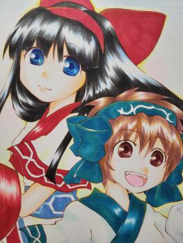 2girls ainu_clothes black_hair blue_eyes breasts brown_eyes brown_hair hair_ribbon highres lips long_hair looking_at_viewer medium_breasts multiple_girls nakoruru open_mouth ribbon rimururu samurai_spirits siblings sisters snk teeth tongue traditional_media