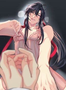 2boys :q ahoge alternate_costume aslle babydoll black_background black_hair blurry blurry_foreground blush bound bound_wrists breath come_hither commentary_request crossdressing depth_of_field hair_ribbon highres licking_lips lingerie long_hair looking_at_viewer male_focus modao_zushi multiple_boys naughty_face nightgown out_of_frame parted_lips pectoral_cleavage pectorals pink_nightgown ponytail pov pov_hands purple_eyes red_ribbon ribbon saliva sidelocks smile solo_focus straddling toned toned_male tongue tongue_out trap underwear undressing very_long_hair wei_wuxian yaoi