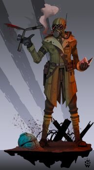 1boy absurdres ankle_wrap aquila_(symbol) armband armor artist_logo balaclava balisong barbed_wire battlefield belt belt_buckle belt_pouch black_gloves black_necktie blood blood_on_clothes blood_splatter blood_stain bloody_weapon breast_pocket breathing_nozzle breathing_tube brown_belt buckle cigarette cigarette_pack coat coat_pouch crossover czech_hedgehog death_korps_of_krieg dirt dirty dirty_clothes dirty_feet dirty_footwear dirty_legwear disguise_kit_(tf2) eye_reflection full_body fusion gas_mask gas_mask_canister gloves gradient_background green_coat grey_background helmet highres hose_nozzle imperial_aquila imperium_of_man knife leg_wrap logo mask military_uniform mud necktie obscured_eyes pocket pocket_square pouch power_armor radio_antenna red_light reflection science_fiction smoke smoking smoking_through_mask soldier solo spy_(tf2) striped_coat team_fortress_2 trench_coat unworn_headwear unworn_helmet warhammer_40k weapon wolfdawg_art