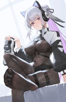 Rule 34 | 1girl, absurdres, animal ear headphones, animal ears, artist request, axent wear, black bodystocking, black ribbon, cat ear headphones, cat ears, colored inner hair, commentary request, commission, covered erect nipples, covered navel, fake animal ears, grey hair, headphones, highres, holding, holding shoes, holding unworn clothes, korean commentary, looking at viewer, multicolored hair, original, pink hair, ponytail, presenting foot, ribbon, second-party source, shoes, shrug (clothing), sidelocks, sitting, solo, spread toes, thigh strap, toes, unworn shoes, white shoes, white shrug, yoi (yakinasu)