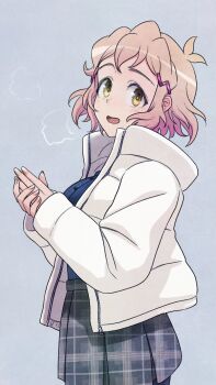 1girl blue_sweater blush breasts breath brown_hair commentary_request from_side grey_background grey_skirt hair_ornament hairclip highres jacket looking_at_viewer open_mouth own_hands_together plaid_clothes plaid_skirt ribbed_sweater senki_zesshou_symphogear short_hair simple_background skirt solo sweater tachibana_hibiki_(symphogear) unyon white_jacket yellow_eyes