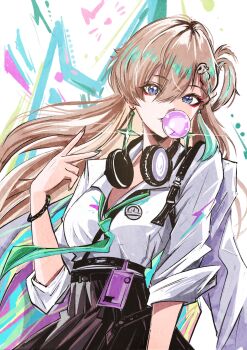1girl absurdres aqua_nails aqua_necktie badge black_skirt blonde_hair blowing_bubble_gum blue_eyes chewing_gum earrings eyeliner hair_between_eyes hair_ornament headphones headphones_around_neck high-waist_skirt highres jewelry long_hair looking_at_viewer lynae_(wuthering_waves) makeup multicolored_hair multicolored_nails nail_polish necktie red_eyeliner red_nails shirt shirt_tucked_in skirt skull_hair_ornament solo star_(symbol) star_earrings streaked_hair thelotter92 white_shirt wuthering_waves