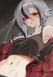 Rule 34 | 1girl, absurdres, arlecchino (genshin impact), black eyes, black hair, black hands, black tank top, breasts, colored extremities, crop top, frown, genshin impact, gradient skin, grey hair, hair between eyes, highres, looking at viewer, multicolored hair, navel, red pupils, rosebell, solo, stomach, streaked hair, symbol-shaped pupils, tank top, upper body, x-shaped pupils