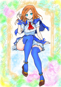 1girl ascot blue_capelet blush brown_hair brown_shoes capelet castlevania:_portrait_of_ruin castlevania_(series) charlotte_aulin floral_background full_body looking_at_viewer red_ascot shoes smile solo thick_thighs thighhighs thighs zaraki_onuma zettai_ryouiki