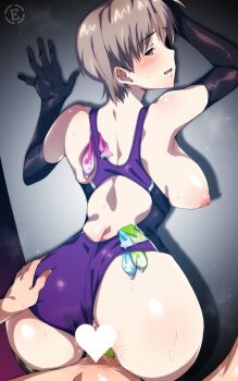 1boy 1girl ass back black_gloves blush breasts breasts_out brown_eyes censored condom condom_on_penis elbow_gloves em_(totsuzen_no_hakike) feet_out_of_frame gloves grey_hair hand_on_another&#039;s_ass hetero indoors konno_mitsune looking_at_viewer looking_back love_hina medium_breasts nipples open_mouth penis sex standing swimsuit used_condom vaginal