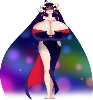 1girl ahoge animated animated_gif bare_shoulders barefoot be_witches breast_expansion breasts bridal_gauntlets cleavage clothing_cutout covered_erect_nipples curled_horns curvy dress fangs female_focus full_body gigantic_breasts glowing glowing_eyes highres horns long_hair looking_at_viewer multicolored_hair nail_polish navel navel_cutout nightmare_(be_witches) nosebecc off-shoulder_dress off_shoulder official_art one_eye_closed pointy_ears red_eyes solo thighs toenail_polish toenails torn_clothes very_long_hair