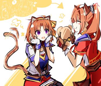 25ocoveryui 2girls absurdres ahoge anelace_elfead antenna_hair armor bow bowtie brown_gloves brown_hair cat_girl cat_tail closed_eyes cropped_jacket curtained_hair eiyuu_densetsu estelle_bright fingerless_gloves gloves hair_intakes highres holding holding_stuffed_toy long_hair multiple_girls parted_bangs pauldrons purple_eyes short_hair short_sleeves shoulder_armor single_pauldron smile sora_no_kiseki stuffed_animal stuffed_toy tail twintails upper_body white_gloves wing_collar
