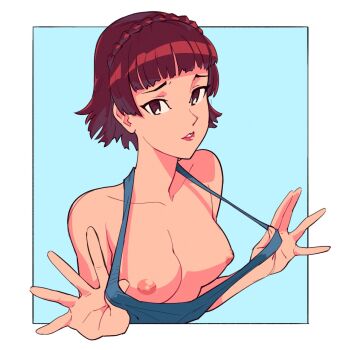1girl braid breasts brown_eyes brown_hair collarbone covered_erect_nipples crown_braid dress flashing lips looking_at_viewer medium_breasts niijima_makoto nipples no_bra parted_lips persona persona_5 short_hair simple_background solo strap_pull sundress suoiresnu upper_body
