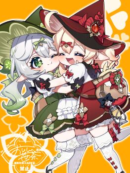2girls ;t absurdres ahoge black_gloves blonde_hair blush bow closed_eyes closed_mouth commentary_request cosplay cross-shaped_pupils genshin_impact gloves gradient_hair green_bow green_eyes green_hair green_ribbon green_skirt hair_between_eyes hair_ornament hat hat_bow highres hug klee_(blossoming_starlight)_(genshin_impact) klee_(genshin_impact) klee_(genshin_impact)_(cosplay) leaf_hair_ornament multicolored_hair multiple_girls nahida_(genshin_impact) official_alternate_costume oishii_sasa one_eye_closed open_mouth orange_background pointy_ears pyro_symbol_(genshin_impact) red_bow red_hat red_skirt ribbon shirt skirt symbol-shaped_pupils thighhighs vision_(genshin_impact) watermark white_hair white_shirt white_thighhighs witch_hat