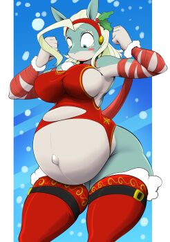 1girl absurdres blonde_hair blue_eyes blush_stickers boku_no_hero_academia breasts curvy female_focus furry furry_female highres ippan_josei large_breasts looking_down medium_hair navel pregnant sideboob solo thick_thighs thighhighs thighs torn_clothes vale-city wide_hips