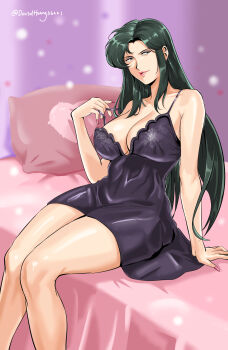 bare_legs bare_shoulders bed breasts cima_garahau cleavage david_huang green_eyes green_hair gundam gundam_0083 highres large_breasts lipstick long_hair looking_at_viewer makeup mature_female mobile_suit_gundam nail_polish on_bed sleepwear solo