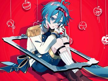 1boy ahoge amptakxcolors back_bow blue_bow blue_eyes blue_hair bow food fruit gloves hair_between_eyes hakobiyaa heart heart_ahoge high_collar highres holding holding_food holding_fruit jacket kneehighs looking_at_viewer male_focus medium_hair open_mouth red_background short_hair sitting socks solo tigusakun_(amptakxcolors) white_gloves white_jacket white_socks