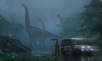 1boy apatosaurus bunker dinosaur edouard_groult fence fern fog headlight_beam highres jeep_wrangler jungle jurassic_park keypad mud nature open_door puddle rain tree umbrella vent_(object) winch