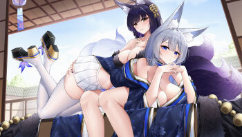 2girls absurdres animal_ears azur_lane bare_legs bare_shoulders bent_over black_hair black_kimono blue_eyes blue_kimono blue_nails breast_press breast_rest breasts breasts_on_another&#039;s_back cleavage commentary_request crossed_legs day expressionless floral_print fox_ears fox_girl fox_tail from_below from_side full_body grabbing_another&#039;s_ass gradient_tail grin groping hair_between_eyes hair_over_eyes hand_on_another&#039;s_ass hands_up high_heels highres indoors japanese_clothes jfzm001 kimono kimono_pull kitsune kneeling large_breasts legs_folded long_hair looking_at_viewer looking_down lying lying_on_person midriff miniskirt multiple_girls musashi_(azur_lane) nail_polish on_stomach open_door own_hands_together parted_lips pleated_skirt print_kimono purple_hair purple_nails sakura_empire_(emblem) shinano_(azur_lane) sitting skindentation skirt smile tail thighhighs thighs very_long_hair white_hair white_skirt yellow_eyes