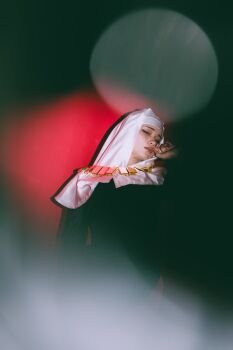 1girl 5y_mmo absurdres black_dress buddhist_nun commentary_request cosplay cosplay_photo curvy dress fate/extra fate/extra_ccc fate/grand_order fate_(series) gold_necklace highres jewelry mature_female necklace photo_(medium) sessyoin_kiara solo thighhighs white_coif white_thighhighs