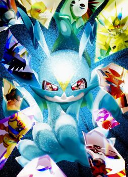 alternate_form armor crests_(digimon) depthmon digimon dragon evolution fladramon gargomon goldv-dramon highres honeybeemon horns kangarumon lighdramon magnamon mask red_eyes sagittarimon sethmon sharp_teeth teeth v-mon yaksamon