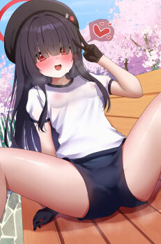 1girl absurdres alternate_costume aoto_mei bench beret black_gloves black_hair black_hat black_shorts blue_archive blue_sky blush breasts cherry_blossoms commentary_request day gloves gym_shirt gym_shorts hair_over_eyes halo hand_up hat heart highres justice_task_force_member_(blue_archive) loli looking_at_viewer on_bench open_mouth outdoors park_bench puffy_short_sleeves puffy_sleeves red_eyes red_halo shirt short_sleeves shorts sitting sky small_breasts solo spoken_heart spread_legs thighs v white_shirt