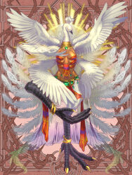 Rule 34 | anklet, armor, bird, breastplate, brown background, closed eyes, dairoku ryouhei, facing viewer, full body, jewelry, multiple wings, peacock feathers, solo, standing, standing on one leg, white wings, wings, yuga sgt