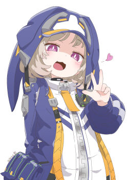 1girl :3 arm_behind_back black_choker blue_bag blue_jacket brown_hair character_request choker cowboy dated heart highres jacket long_sleeves open_clothes open_jacket open_mouth phantasy_star phantasy_star_online_2 purple_eyes samansa_ex tongue w western white_background zipper zipper_pull_tab