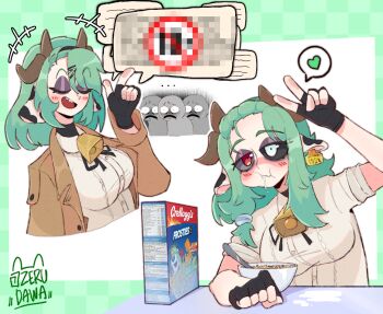 Rule 34 | +++, ..., 1girl, 3others, animal ears, bell, black gloves, black ribbon, black sclera, blush, bowl, brand name imitation, breasts, brown jacket, censored, cereal, cereal box, closed eyes, closed mouth, colored sclera, commentary, cow ears, cow girl, cow horns, cowbell, crelly, crelly (crelly 3.0), disgust, ear tag, eyelashes, eyeshadow, fingerless gloves, fingernails, food in mouth, frosted flakes, gloves, green hair, grey sclera, hair ornament, hairclip, heart, heterochromia, highres, horns, index finger raised, indie virtual youtuber, jacket, kellogg's, long sleeves, makeup, medium hair, milk, mismatched sclera, multiple others, multiple views, neck bell, neck ribbon, no jacket, open clothes, open jacket, open mouth, pixelated, purple eyeshadow, red eyes, ribbon, shirt, sleeves rolled up, smile, speech bubble, spill, spoken heart, spoon, teeth, tony the tiger, untranslatable commentary, upper teeth only, v, virtual youtuber, white eyes, white shirt, zerudawaa