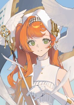 Rule 34 | 1girl, banner, bare shoulders, beret, bird, blue background, braid, braided sidelock, checkered hairband, closed mouth, dress, gloves, green eyes, hairband, hand up, hashtag-only commentary, hat, highres, holding baton, lbkei, long hair, looking at viewer, marching band baton, official alternate costume, orange hair, reverse:1999, sash, shoulder sash, sleeveless, sleeveless dress, smile, solo, sonetto (parade anthem) (reverse:1999), sonetto (reverse:1999), upper body, white bird, white dress, white gloves, white hat, yellow sash