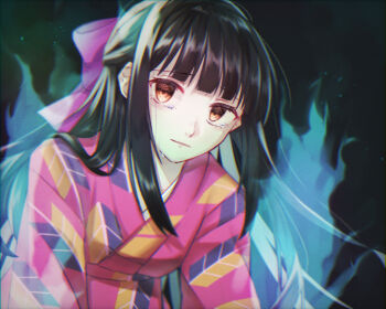 1girl black_hair blue_fire blunt_bangs bow commentary_request crying eyelashes fire gegege_no_kitarou hair_bow japanese_clothes kimono kitarou_tanjou:_gegege_no_nazo long_hair looking_at_viewer mayor_(yukiusa101) parted_lips pink_kimono ryuuga_sayo solo tears upper_body