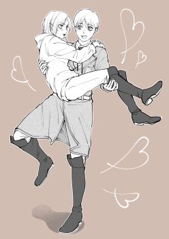 Rule 34 | 1boy, 1girl, absurdres, annie leonhart, armin arlert, arms around neck, blush, bolo tie, boots, breasts, brown background, carrying, collared shirt, commentary request, couple, full body, hetero, highres, hood, hood down, hoodie, jacket, knee boots, medium breasts, medium hair, military jacket, military uniform, open mouth, osaka n a, pants, parted bangs, princess carry, shingeki no kyojin, shirt, short hair, smile, survey corps (emblem), white hoodie, white pants, white shirt