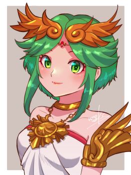 Rule 34 | 1girl, alternate hair length, alternate hairstyle, bare shoulders, blush, border, breasts, circlet, closed mouth, collarbone, commentary, english commentary, eyelashes, green eyes, green hair, highres, jewelry, kid icarus, kid icarus uprising, lips, necklace, nintendo, nonoworks, palutena, portrait, purple background, short hair, sidelocks, signature, simple background, smile, solo, white border