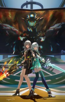 2girls absurdres aizhimi back-to-back black_coat black_gloves black_hairband coat dress firefly_(honkai:_star_rail) gloves green_dress grey_hair hairband high_heels highres holding holding_polearm holding_sword holding_weapon honkai:_star_rail honkai_(series) lance long_hair multiple_girls polearm purple_eyes sam_(honkai:_star_rail) screen signature stelle_(honkai:_star_rail) sword thighhighs trailblazer_(honkai:_star_rail) weapon yellow_eyes