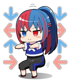 1girl blue_hair chibi crop_top crop_top_overhang crossed_bangs exercising female_alear_(fire_emblem) fire_emblem fire_emblem_engage heterochromia high_ponytail komurice multicolored_hair nintendo official_alternate_costume official_alternate_hairstyle pants ponytail red_hair split-color_hair squatting sweatpants training_outfit_(fire_emblem_engage) two-tone_hair undershirt workout_clothes