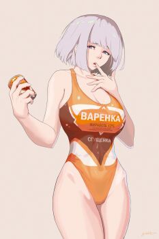 1girl absurdres alternate_costume bare_arms bare_shoulders breasts can cleavage collarbone commentary cowboy_shot english_commentary girls&#039;_frontline grey_hair highleg highleg_one-piece_swimsuit highres holding holding_can looking_at_viewer nishibuya one-piece_swimsuit orange_one-piece_swimsuit parted_lips purple_eyes rpk-16_(girls&#039;_frontline) short_hair simple_background solo swimsuit teeth translation_request twitter_username upper_teeth_only