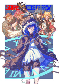 5girls absurdres ahoge animal_ear_fluff animal_ears arknights black_gloves black_hair black_jacket blonde_hair blue_eyes blue_hair cow_horns croissant_(arknights) exusiai_(arknights) fingerless_gloves fur_trim gloves green_eyes gun hair_between_eyes hair_over_one_eye halo highres holding hood hood_up horns jacket kriss_vector long_hair long_sleeves looking_at_viewer mostima_(arknights) multiple_girls open_clothes open_mouth orange_hair penguin_logistics_(arknights) red_eyes red_hair roman_numeral shirt short_hair smile solo sora_(arknights) submachine_gun texas_(arknights) twintails weapon white_jacket white_shirt wolf_ears