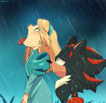 1boy 1girl artist_name blonde_hair blue_eyes blue_hairband furry furry_male goku_and_vegeta_in_the_rain_(meme) hairband highres looking_up maria_robotnik meme open_mouth own_hands_together rain red_eyes shadow_the_hedgehog sonic_(series) spanish_commentary star_(sky) starnic_exe tongue tongue_out wet