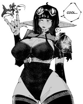 1girl \m/ ahoge armor breasts collar commentary cowboy_shot detached_sleeves double-parted_bangs earrings english_commentary english_text facing_viewer female_goblin freckles goblin goggles goggles_on_head greyscale hand_up highres jewelry large_breasts leotard long_pointy_ears looking_to_the_side magic miregeist monochrome open_mouth original pauldrons pointy_ears short_hair shoulder_armor simple_background solo speech_bubble talking thighhighs white_background