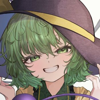 Rule 34 | 1girl, black hat, bow, dedemaru, eyeball, frilled shirt collar, frills, green eyes, green hair, hat, hat bow, hat ribbon, komeiji koishi, portrait, ribbon, shirt, smile, third eye, touhou, white background, yellow bow, yellow ribbon, yellow shirt