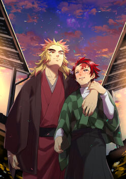 2boys arm_around_neck arm_around_shoulder black_hakama black_sash blonde_hair blush checkered_clothes checkered_kimono closed_mouth cloud commentary_request confetti crying crying_with_eyes_open demon_slayer_uniform forked_eyebrows green_kimono hakama hakama_pants haori hashimoto_(yanagi-momo) height_difference holding_another's_arm implied_yaoi japanese_clothes kamado_tanjirou kimetsu_no_yaiba kimono long_hair long_sleeves looking_up male_focus multicolored_hair multiple_boys night open_mouth outdoors pants red_eyes red_hair red_kimono rengoku_kyoujurou sash scar scar_on_face scar_on_forehead shirt short_hair sky smile standing star_(sky) starry_sky streaked_hair tears thick_eyebrows twilight two-tone_hair walking white_shirt wide_sleeves yellow_eyes