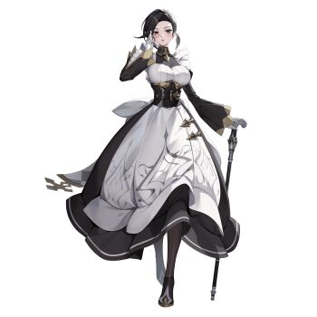 1girl adela_gro artist_request black_hair black_survival blush breasts cane eternal_return:_black_survival gloves grey_eyes highres maid monocle official_art open_mouth solo third-party_source transparent_background white_gloves