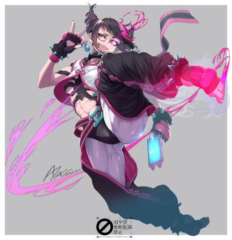 1girl ayaki baggy_pants black_hair bracelet breasts chinese_clothes collar commentary diagonal_bangs drill_hair dudou fingerless_gloves gloves glowing glowing_eye hair_horns han_juri highres jewelry looking_at_viewer medium_breasts multicolored_hair nail_polish navel open_pajamas pajamas panties_over_leggings pants purple_eyes short_hair smile solo spiked_anklet spiked_bracelet spiked_collar spikes street_fighter street_fighter_6 toeless_legwear tongue twin_drills