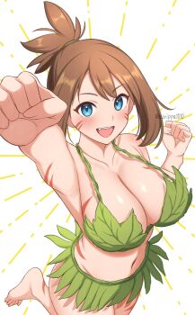 1girl :d armpits bikini blue_eyes breasts brown_hair cleavage commentary_request green_bikini highres large_breasts looking_at_viewer may_(pokemon) navel nintendo open_mouth pokemon pokemon_adventures simple_background smile solo surippa1010 swimsuit twitter_username white_background