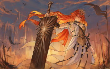 1girl absurdres arm_armor armor artist_name augusta_(wuthering_waves) breastplate breasts closed_mouth commentary english_commentary evening greatsword hair_between_eyes headgear highres holding holding_sword holding_weapon long_hair looking_at_viewer medium_breasts mrrd5723 orange_hair outdoors red_eyes solo standing sword weapon wind wuthering_waves
