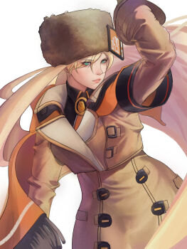 1girl absurdres blonde_hair coat commentary english_commentary fur_hat guilty_gear hat highres long_hair millia_rage scarf simple_background sio7x solo white_background