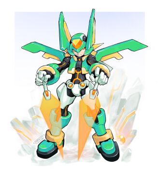 2019 armor artist_name bodysuit boots border commentary energy_sword english_commentary fins forehead_jewel full_body fusion gloves gradient_background green_armor green_helmet head_fins helmet highres holding holding_weapon legs_apart mechanical_wings mega_man_(series) mega_man_zx mega_man_zx_advent model_h_(mega_man) model_w_(mega_man) nakayama_tooru_(style) official_style orange_eyes power_armor signature standing sword tomycase toyu weapon white_border wings