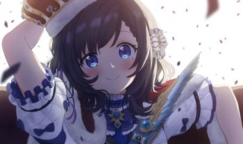 1girl absurdres aiba_uiha black_hair blue_eyes bow bowtie braid crown hair_ornament highres looking_at_viewer mole nijisanji puffy_short_sleeves puffy_sleeves short_hair short_sleeves solo