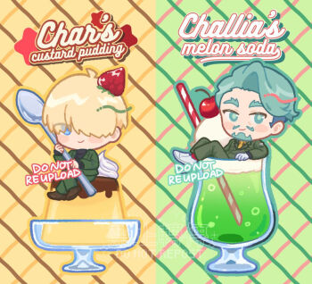 Rule 34 | 2boys, beard, blonde hair, blue eyes, brown shoes, challia bull, char aznable, character name, closed mouth, commentary request, crossed legs, cup, drinking straw, english text, examorhca, eyes visible through hair, facial hair, food, food on head, fruit, full body, gloves, green eyes, green jacket, green pants, gundam, gundam gquuuuuux, hair over eyes, holding, holding spoon, ice cream, in container, in cup, jacket, lapels, looking at viewer, male focus, melon soda, multiple boys, mustache, necktie, notched lapels, object on head, pants, pudding, red socks, shirouzu (gundam), shoes, short hair, sitting, smile, socks, spoon, strawberry, thick eyebrows, white gloves, white shoes, yellow necktie