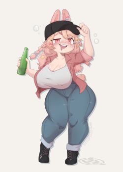 1girl :3 absurdres adjusting_clothes adjusting_headwear alternate_breast_size_(larger) animal_ears arm_up artist_logo baseball_cap beer_bottle black_boots black_hat blue_bow blue_pants blush boots bottle bow braid breasts casual cleavage collarbone commentary covered_erect_nipples denim drooling drunk ear_bow english_commentary full_body hair_ornament hat heart heart_hair_ornament high-waist_pants highres holding holding_bottle huge_breasts jeans layered_shirt logo long_hair looking_at_viewer mossyartburger no_bra open_mouth pants phase_connect pink_bow pink_eyes pink_shirt pipkin_pippa rabbit_ears rabbit_girl rabbit_hair_ornament rabbit_tail shirt short_eyebrows side_braids sidelocks simple_background sleeves_rolled_up solo standing star_(symbol) star_hair_ornament straight_hair tail teeth thick_thighs thighs twitter_username two_side_up upper_teeth_only virtual_youtuber white_background white_shirt